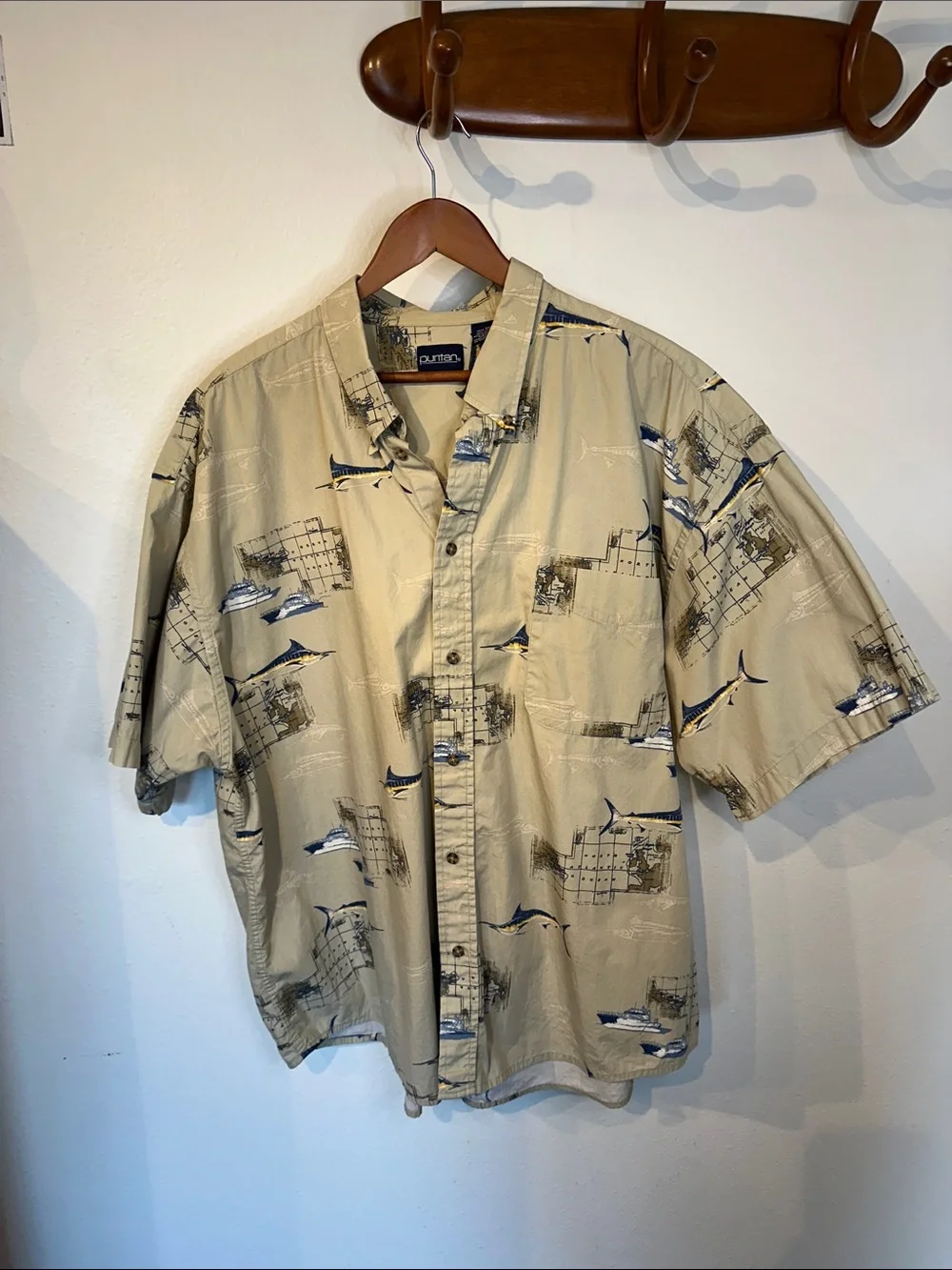 VTG Puritan Short-Sleeve Button-Down Shirt with Navy & Cream Nautical